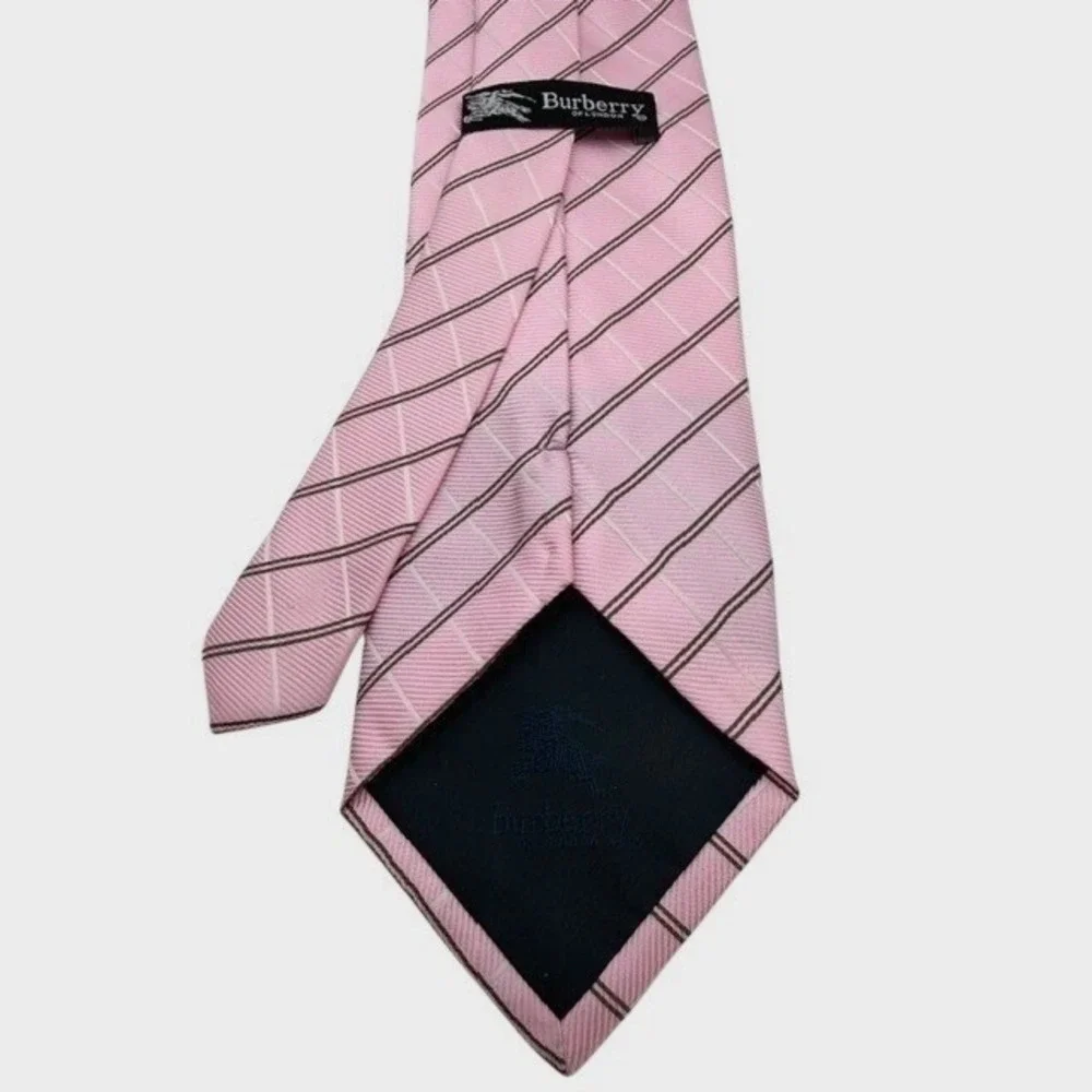 Burberry‎ of London Mens Silk Tie Pink Grey White Diagonal Stripe Wide Italy